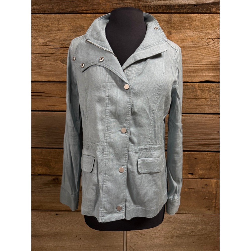 E3 by Etcetera Women Linen Blend Utility Jacket Light Blue Size 2 Full Zip Snap